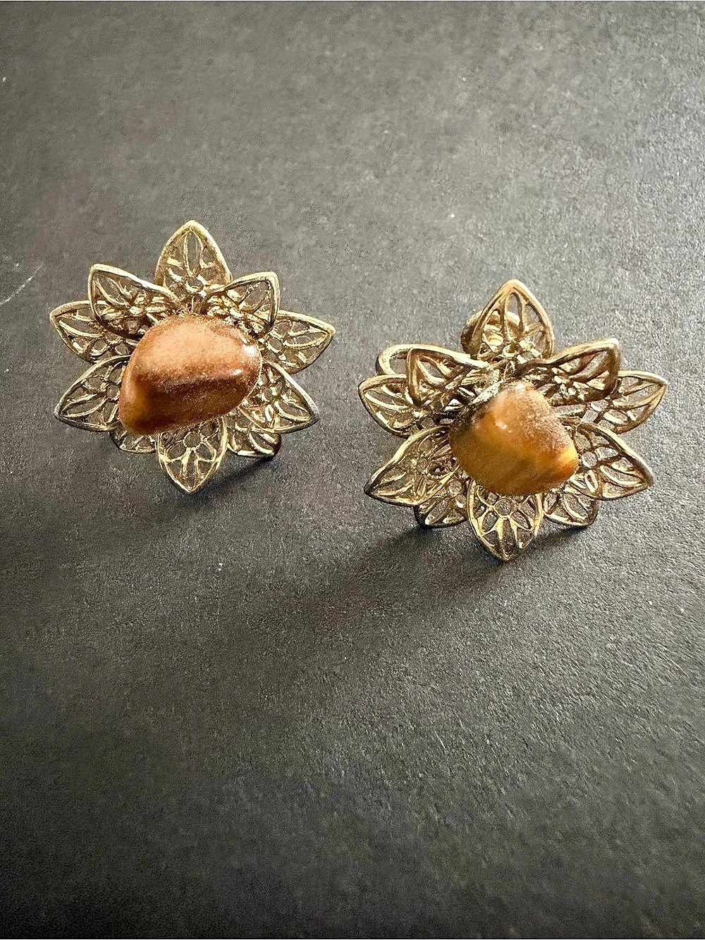 Brown & Gold Floral Clip-On Earrings Like New